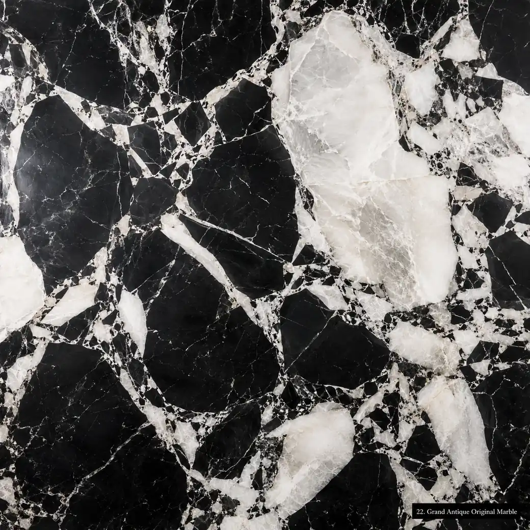 Grand Antique Original Marble with iconic black white breccia, angular calcite clasts, obsidian fields and polished depth.