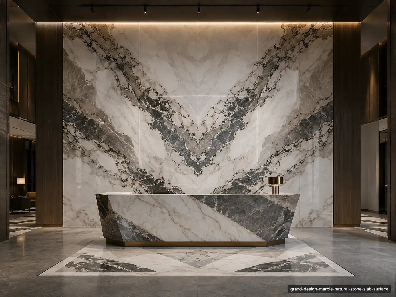 Expressive luxury slab on a lobby wall, reception counter and floor accents with pale grey, charcoal and taupe formations.