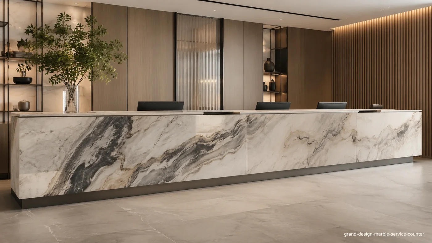 Grand Design Marble service counter with pale stone and sweeping charcoal, grey and taupe formations.