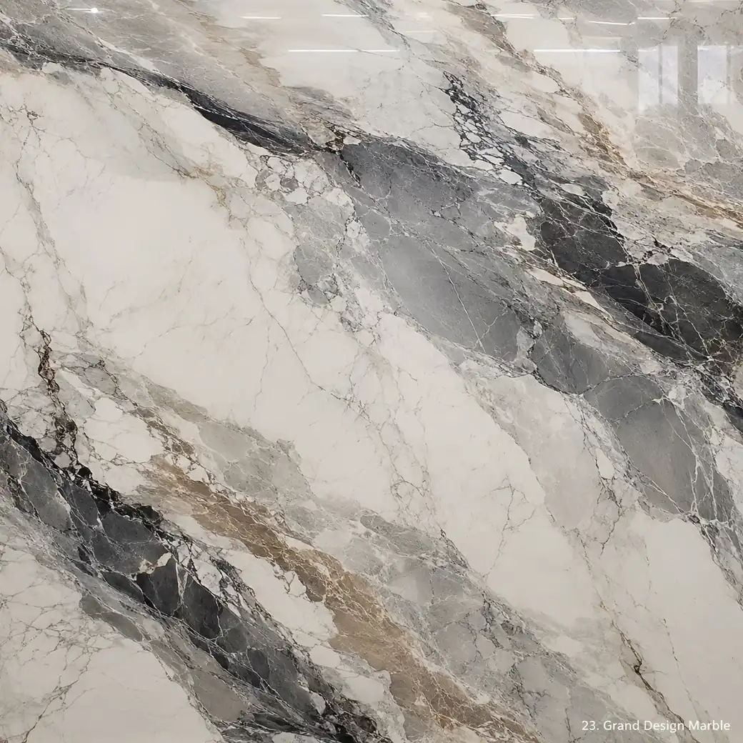 Grand Design Marble with architectural statement stone, broad grey ribbons, charcoal passages and polished mineral depth.
