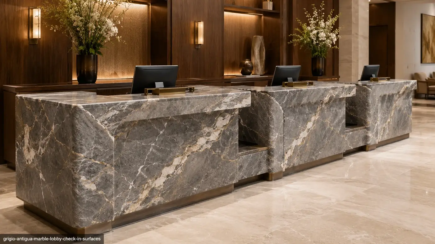 Grigio Antigua Marble lobby check-in surfaces with grey stone and flowing white, beige and gold veins.