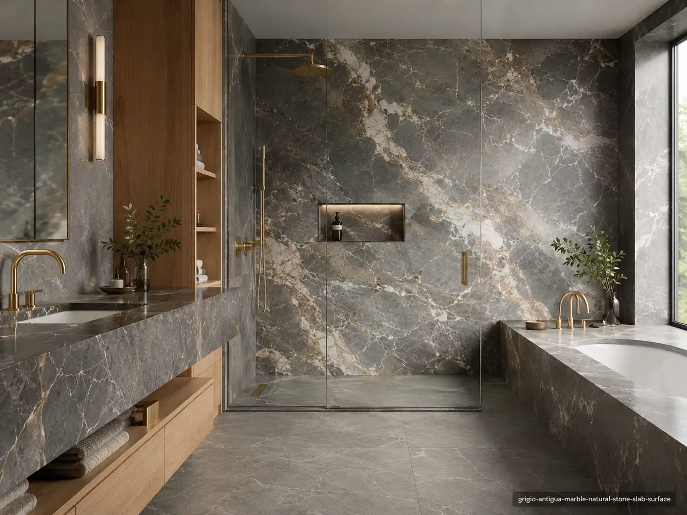 Elegant smoky architectural slab on shower wall, floating vanity, bathtub surround and flooring with white and gold veining.