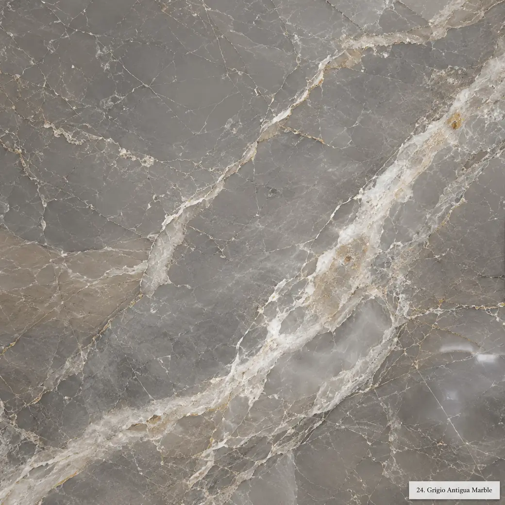 Grigio Antigua Marble with antique grey natural stone, white veins, beige clouds, muted gold and a refined polished finish.