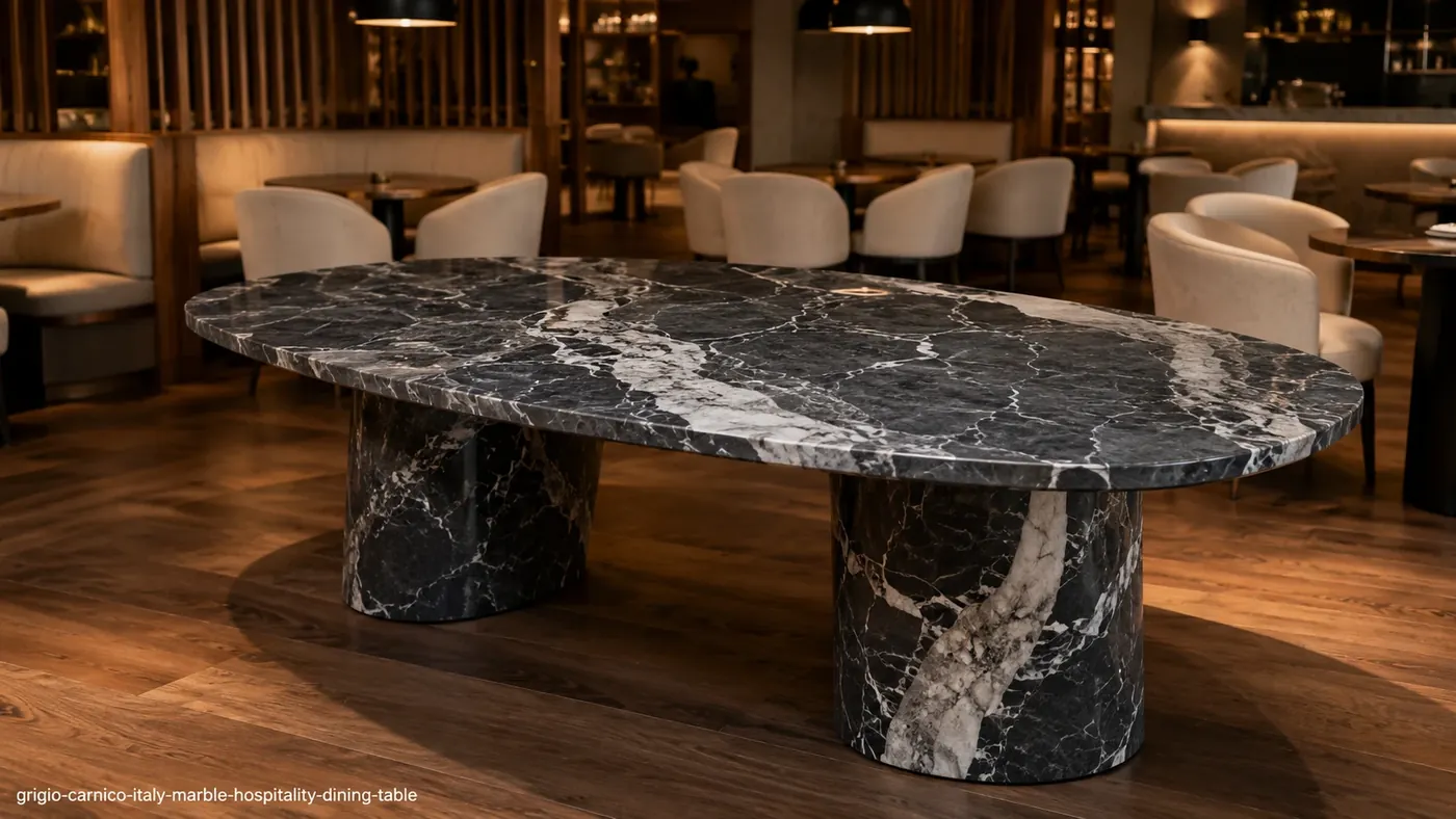 Grigio Carnico Italy Marble dining table with dark graphite stone and bold white calcite ribbons.