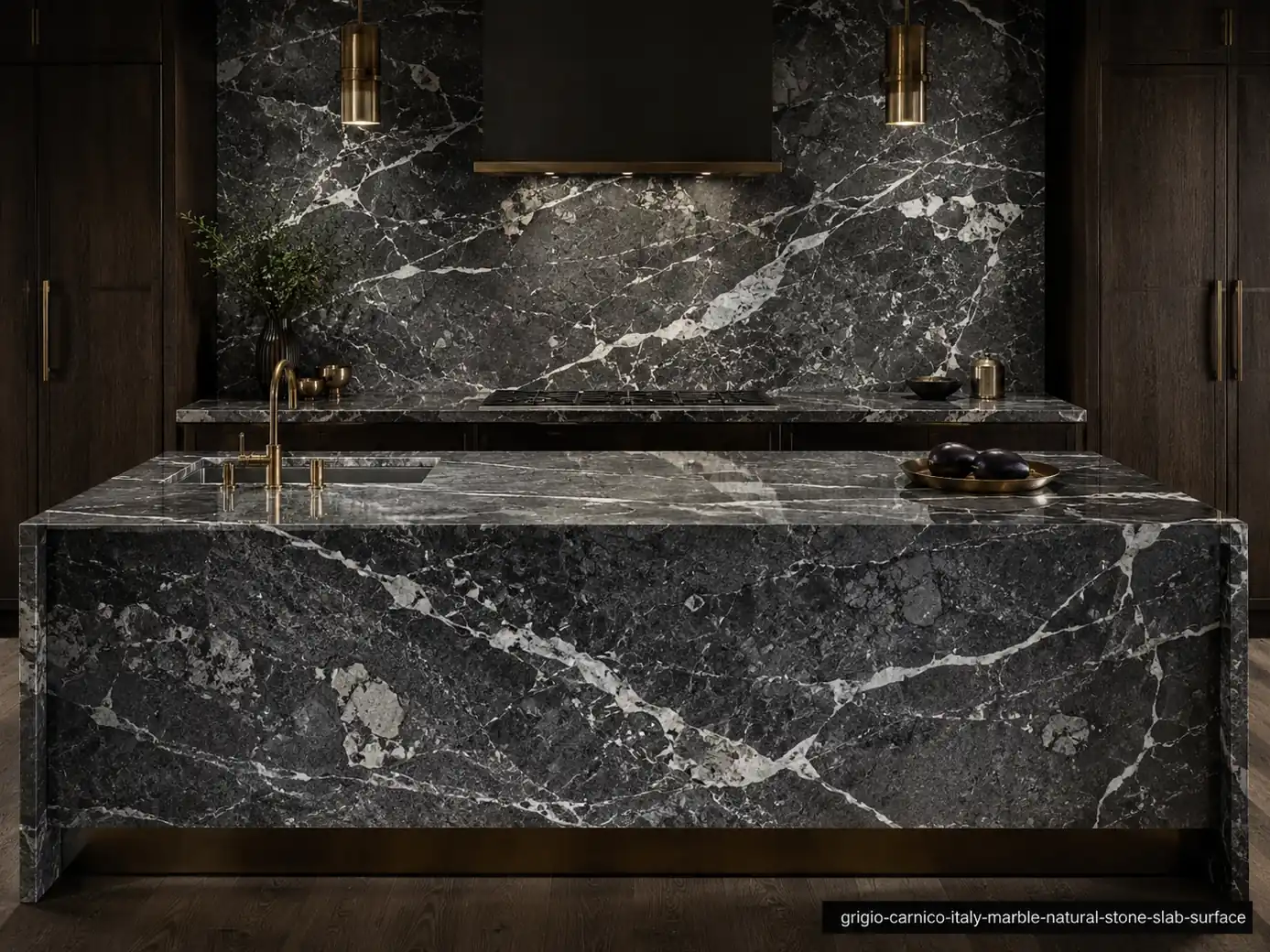 Dramatic charcoal architectural slab on a waterfall kitchen island, backsplash and countertops with white calcite veining.