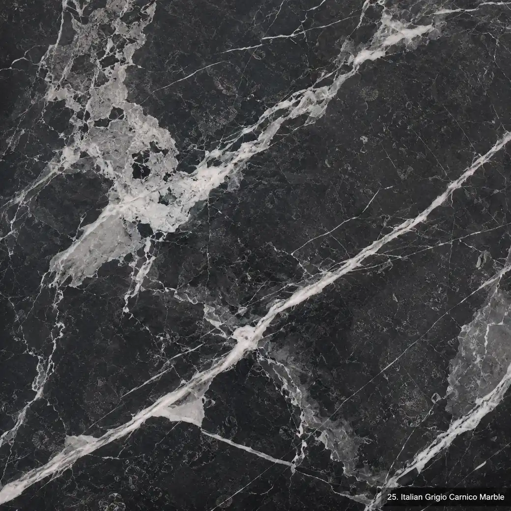 Italian Grigio Carnico Marble with deep graphite Italian stone, bold white veining, silver fractures and polished depth.