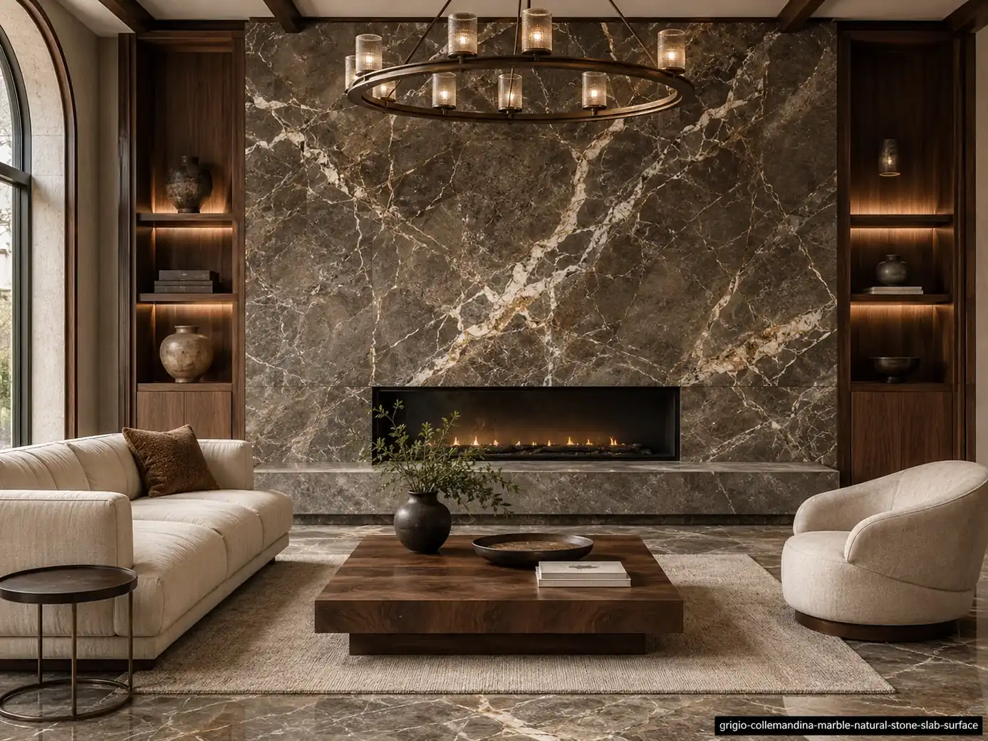 Refined Tuscan architectural slab on a living room fireplace, console and floor with warm brown-grey and cream-gold veining.