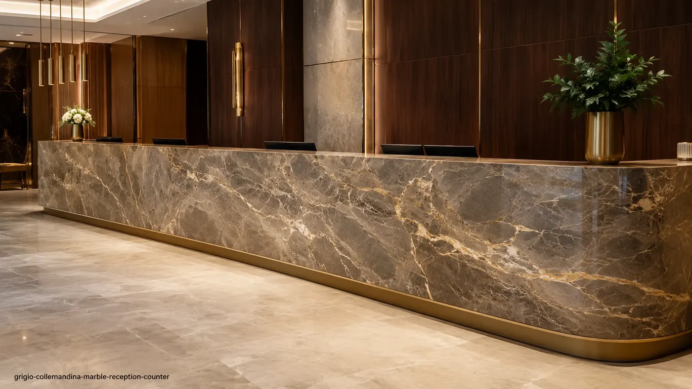 Grigio Collemandina Marble reception counter with warm grey-brown stone and white and pale-gold veins.