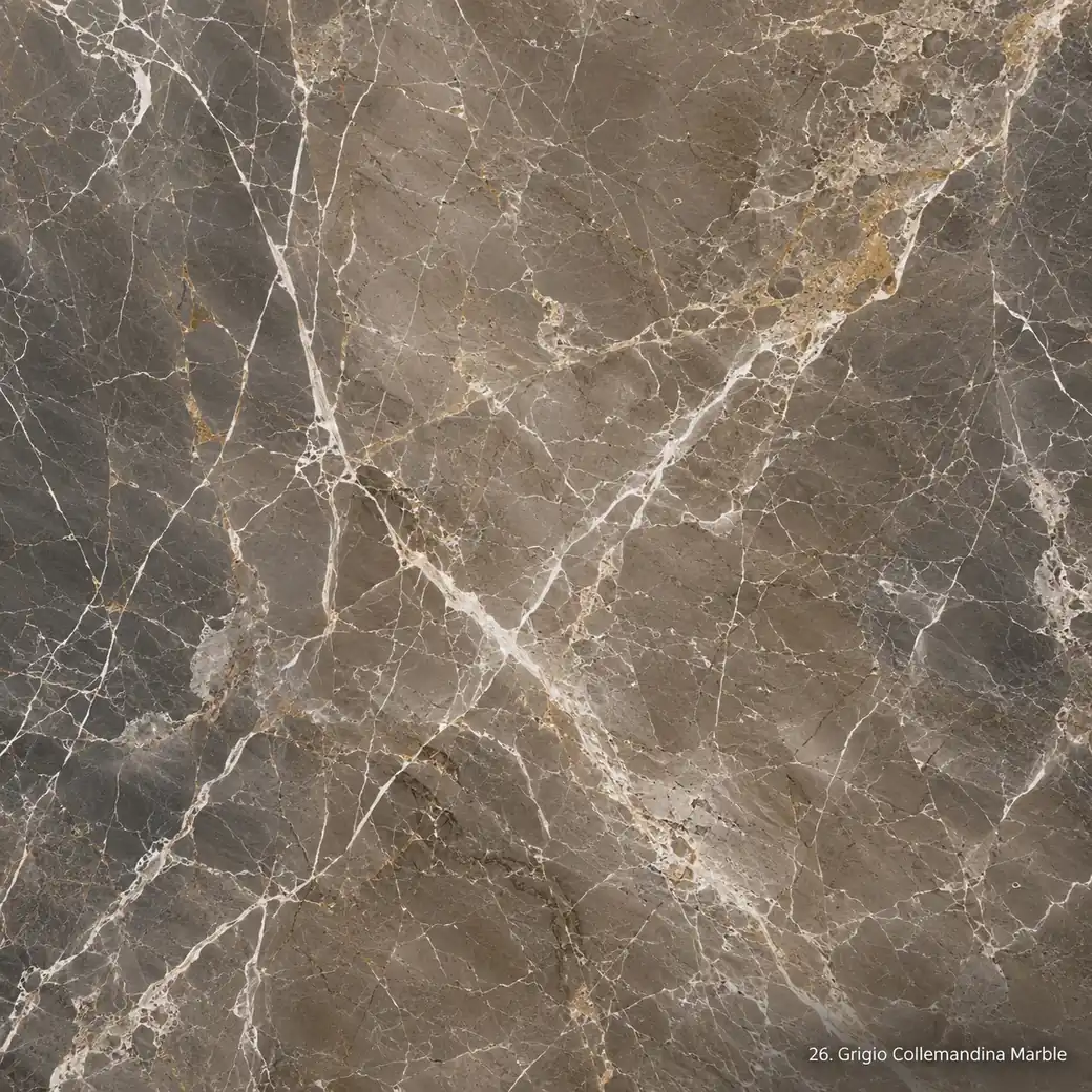 Grigio Collemandina Marble with warm grey brown stone, cream veining, pale gold details and rich polished mineral depth.