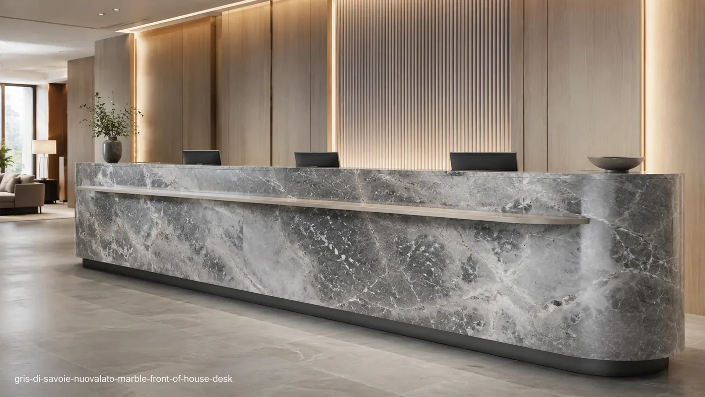 Gris Di Savoie Nuovalato Marble front-of-house desk with smoky blue-grey stone and soft white clouds.