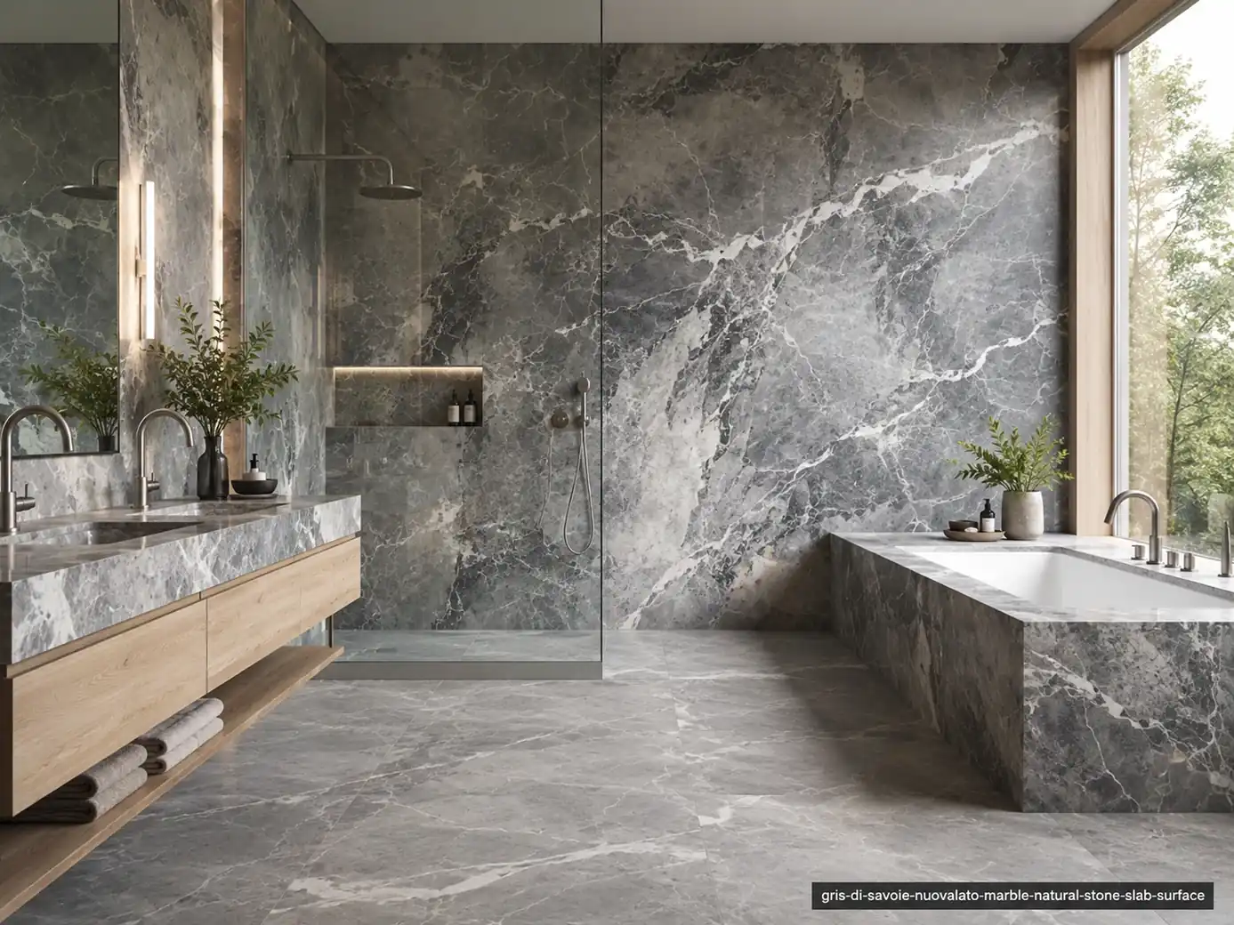 Atmospheric alpine slab across shower walls, vanity, bathtub surround and flooring with smoky blue-grey and white clouds.