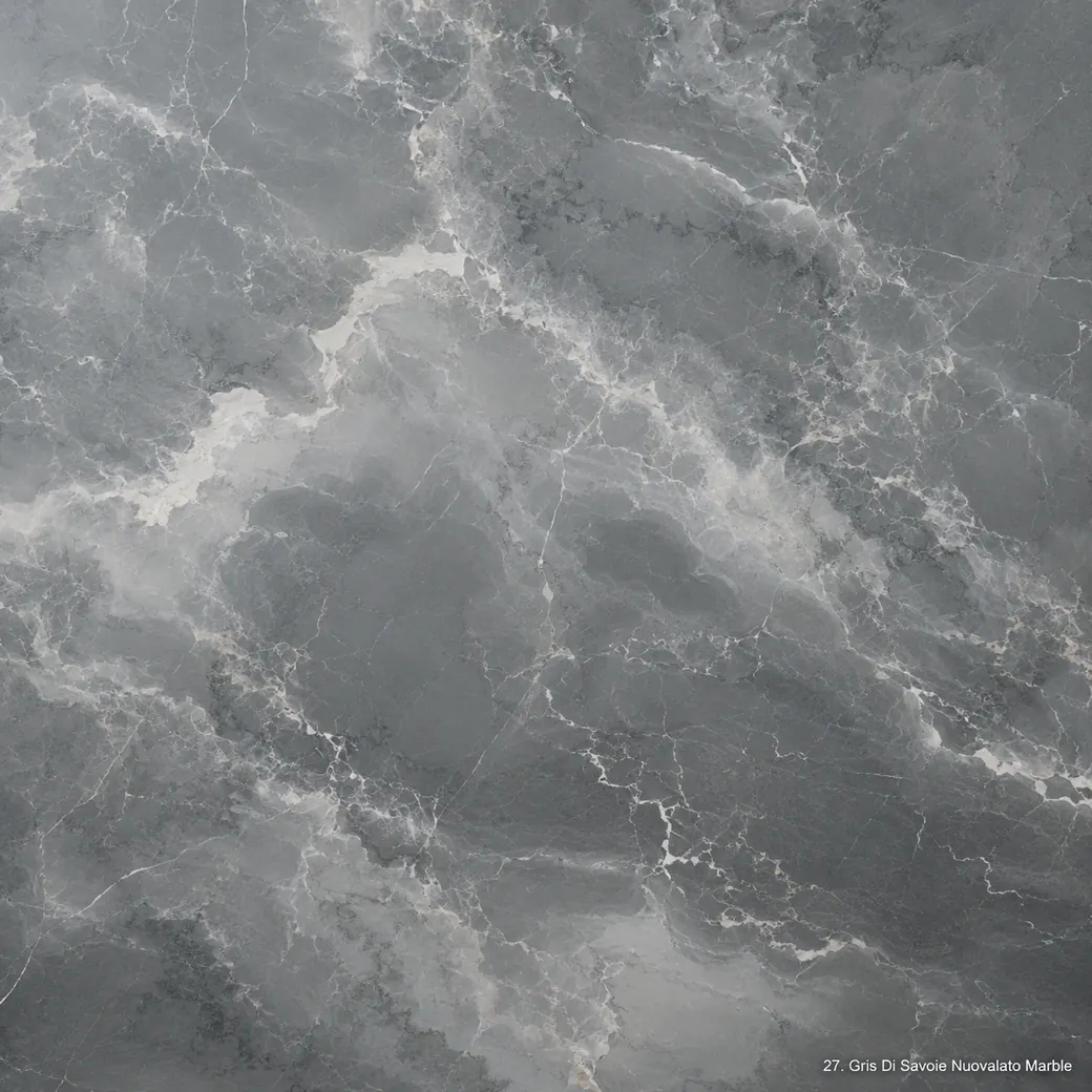 Gris Di Savoie Nuovalato Marble with cloudy French grey stone, luminous misty veins and a refined polished mineral finish.
