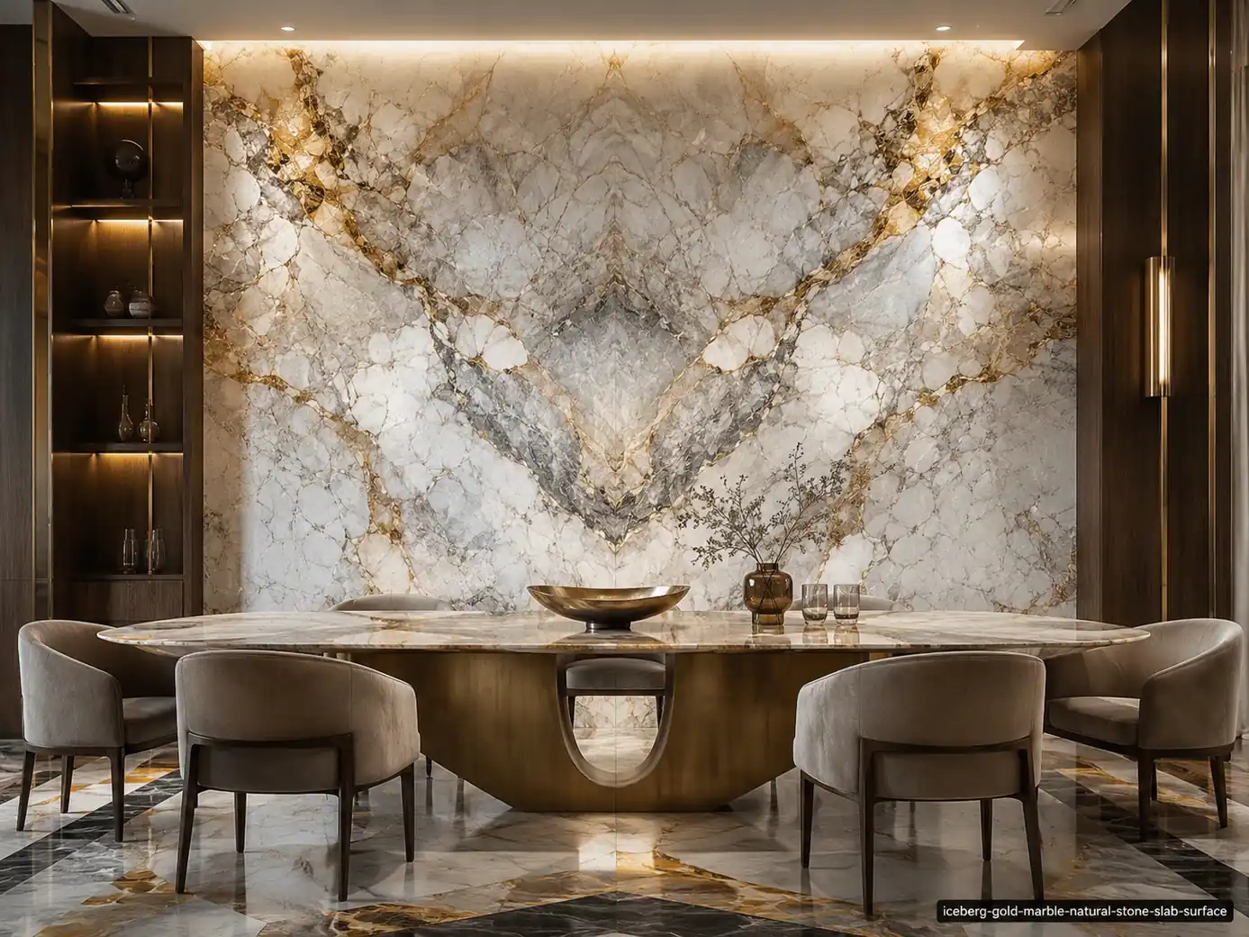 Luminous warm cool contrast slab on a dining room wall, table and floor inlays with icy white, gold and smoky grey veins.