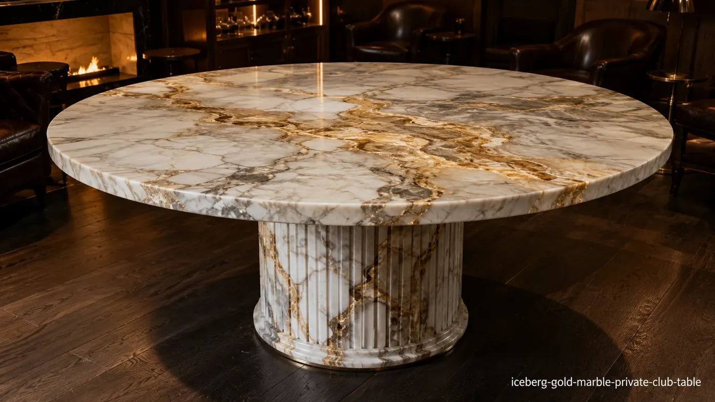 Iceberg Gold Marble private-club table with icy white stone, warm gold ribbons and a fluted pedestal.