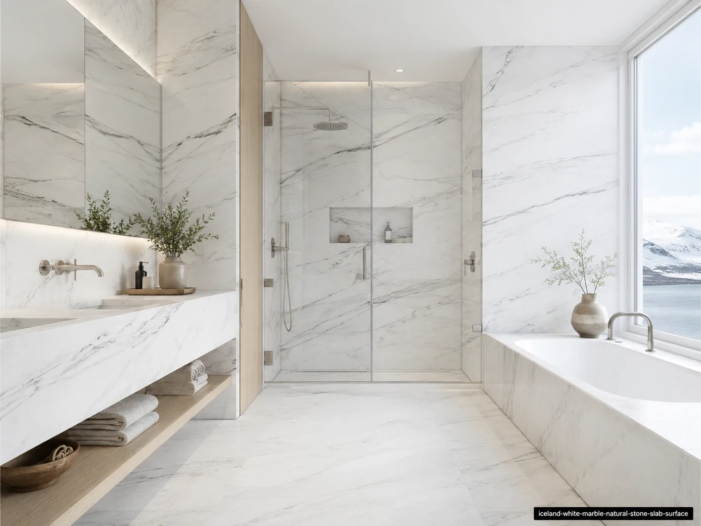 Bright Nordic architectural slab across a vanity, shower walls, bathtub surround and flooring with frosted silver veining.
