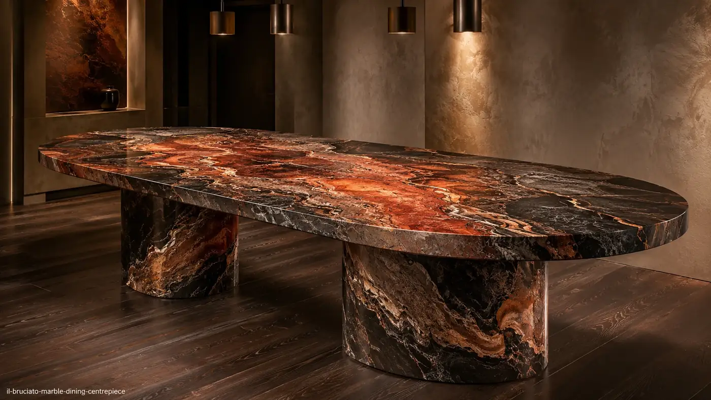 IL Bruciato Marble dining centrepiece with charcoal, burnt orange, copper and rust-red stone movement.