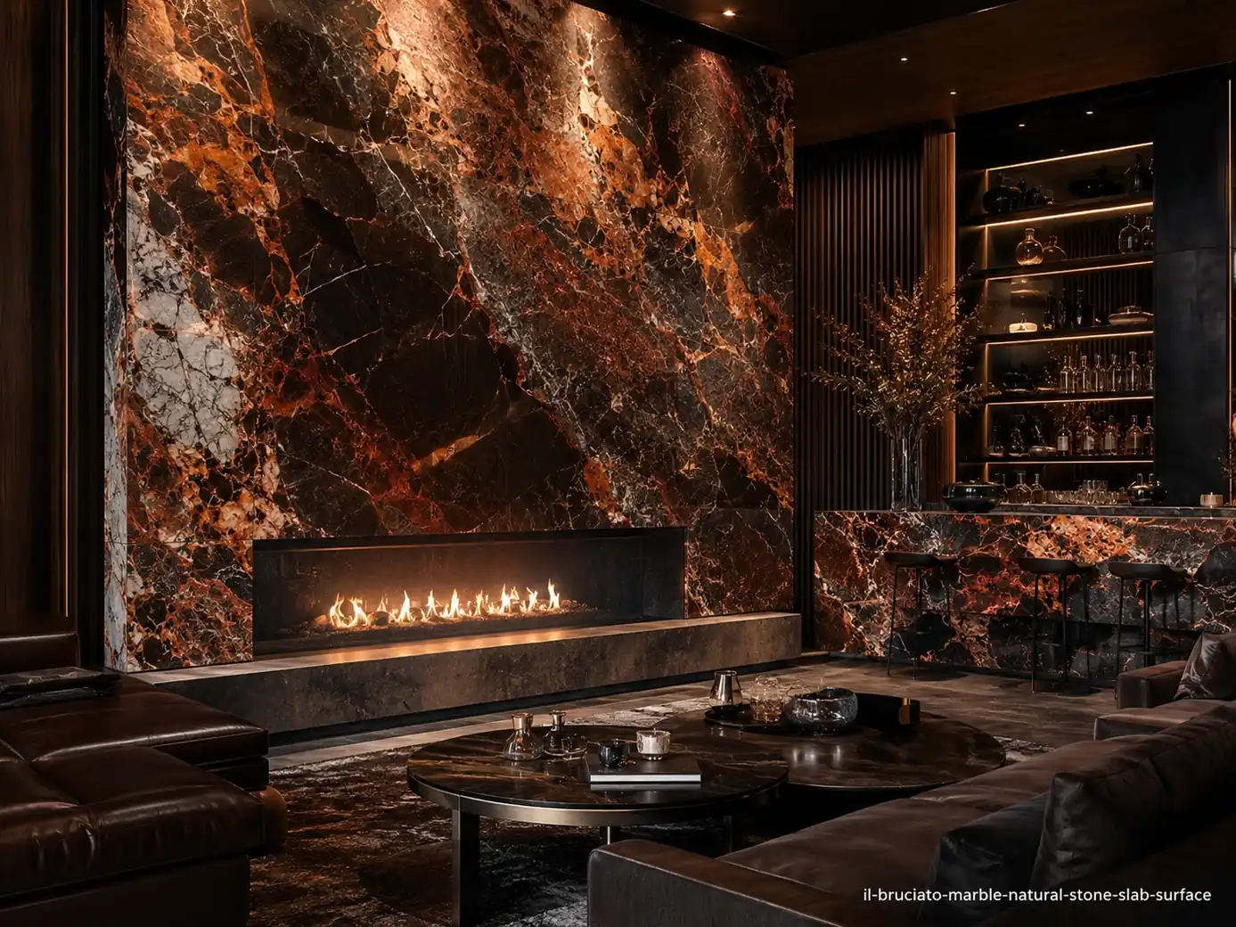 Dramatic charcoal brown slab on a fireplace wall, hearth and bar counter with burnt orange, copper and rust-red movement.