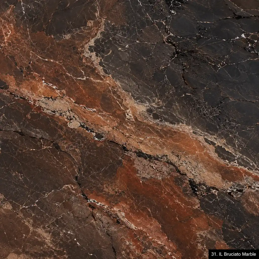 IL Bruciato Marble with scorched earth toned stone, rust-red clouds, copper ribbons, charcoal seams and rich polished depth.