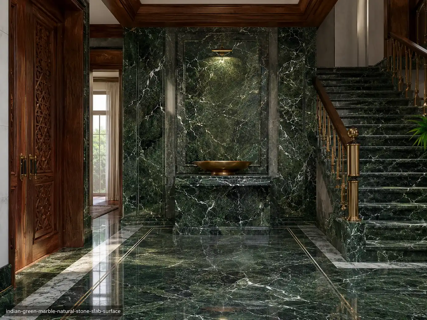 Polished traditional architectural slab across an entrance floor, staircase, wall cladding and console with green variation.
