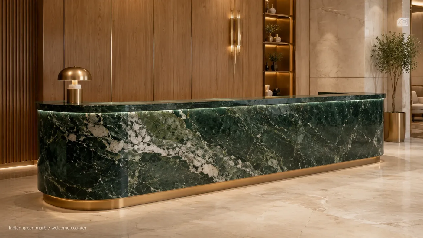 Indian Green Marble welcome counter with forest-green stone, white veins and subtle brecciated movement.