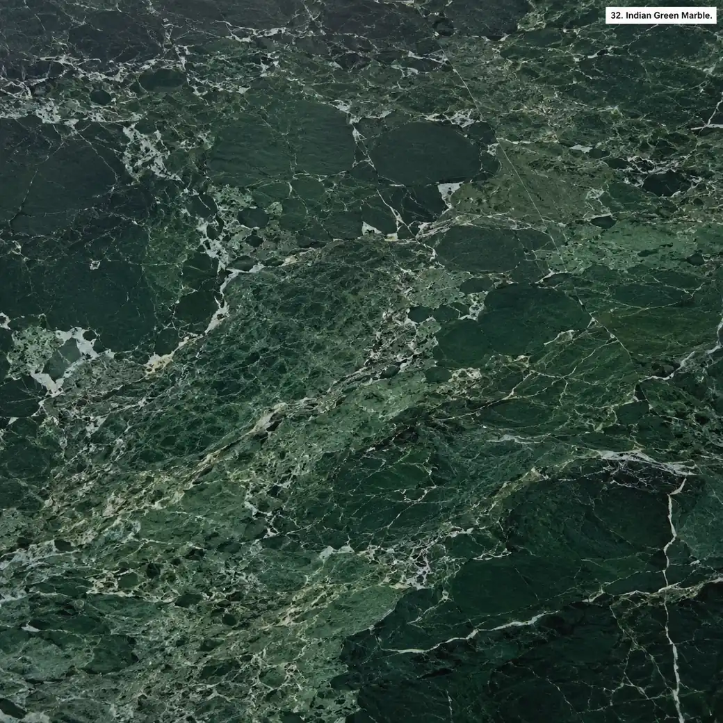 Indian Green Marble with rich forest green stone, emerald clouds, pale veins, mineral clusters and a deep polished finish.