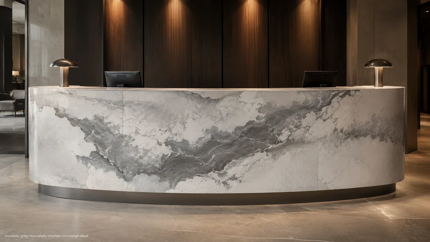 Invisible Grey Nuovalato Marble concierge desk with pale stone and dramatic smoky-grey clouded ribbons.