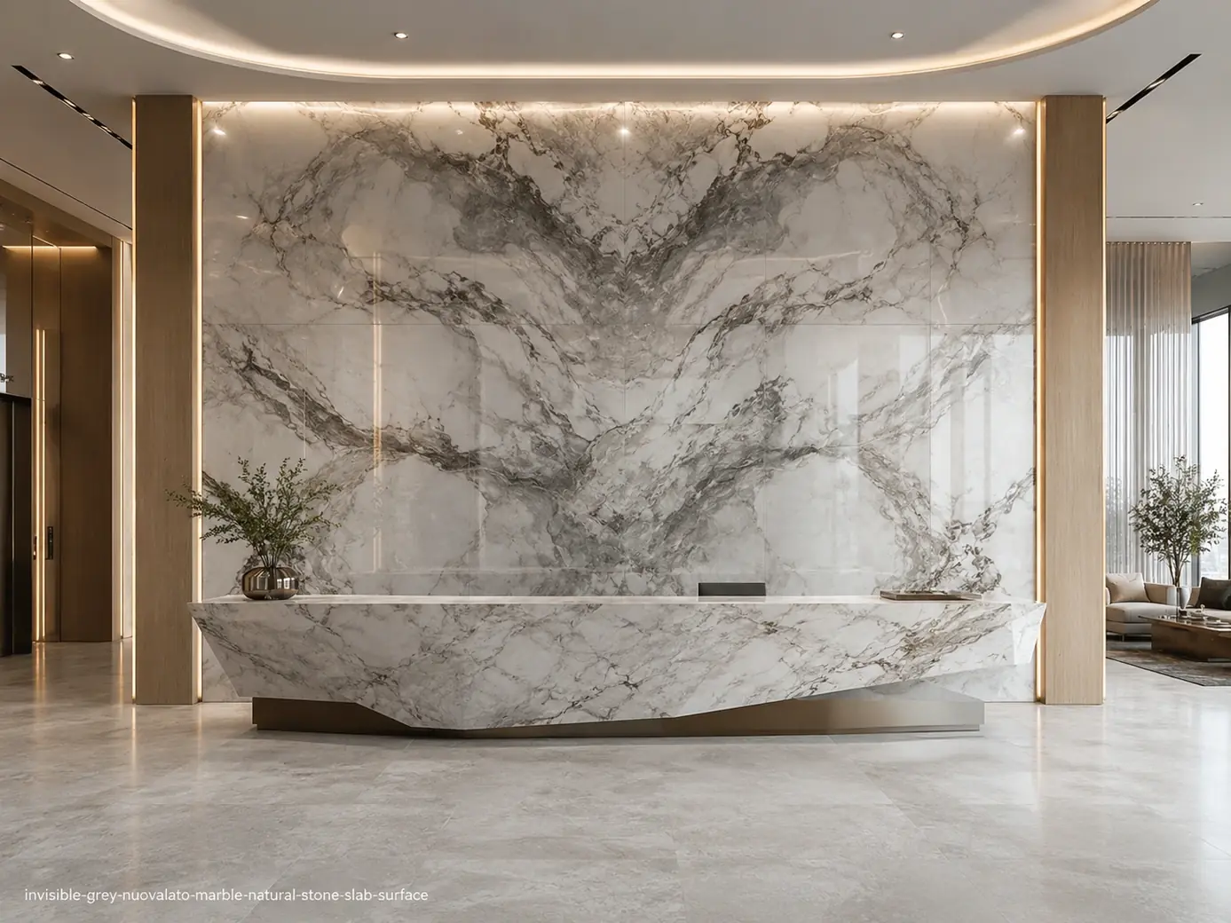 Misty architectural slab on a bookmatched lobby wall and reception desk with grey, graphite and clouded charcoal movement.