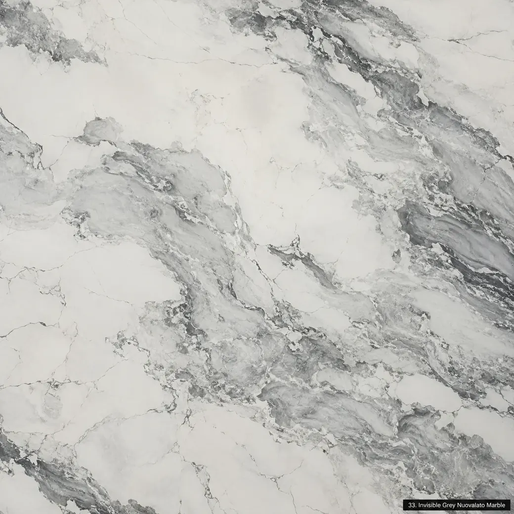 Invisible Grey Nuovalato Marble with cloudy pale grey stone, smoky ribbons, graphite accents and luminous polished depth.