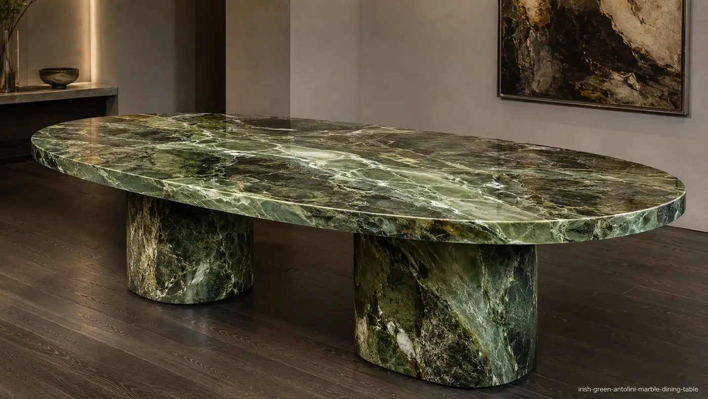 Irish Green Antolini Marble dining table with layered emerald, jade, apple-green and white stone movement.