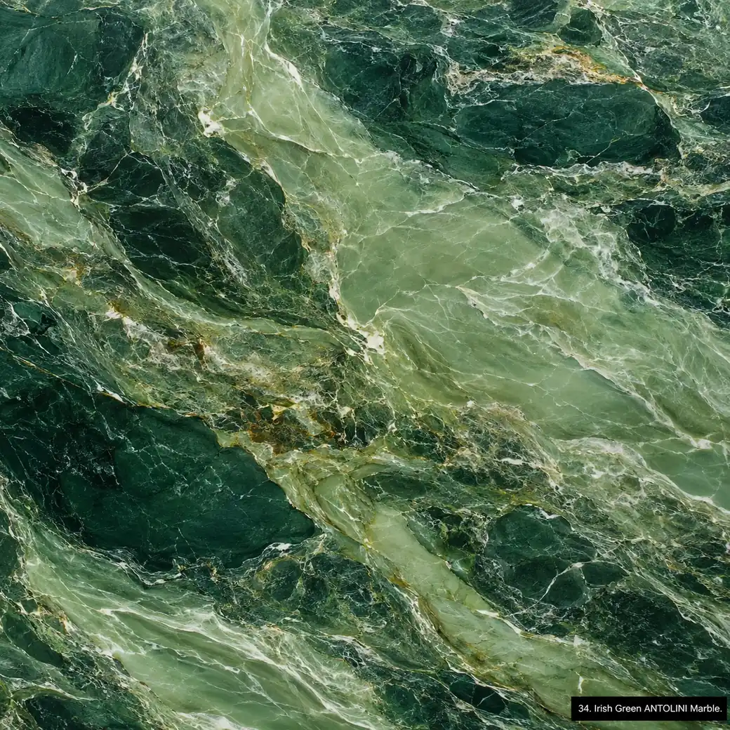 Irish Green ANTOLINI Marble with vivid emerald luxury stone, apple-green currents, white ribbons and rich polished depth.