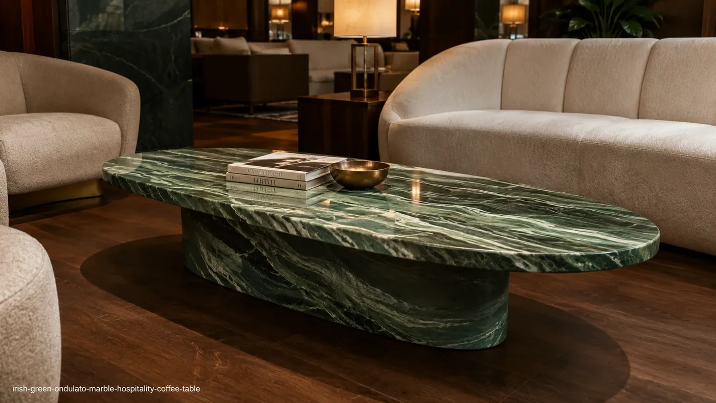 Irish Green Ondulato Marble coffee table with emerald stone and long wave-like green and white bands.