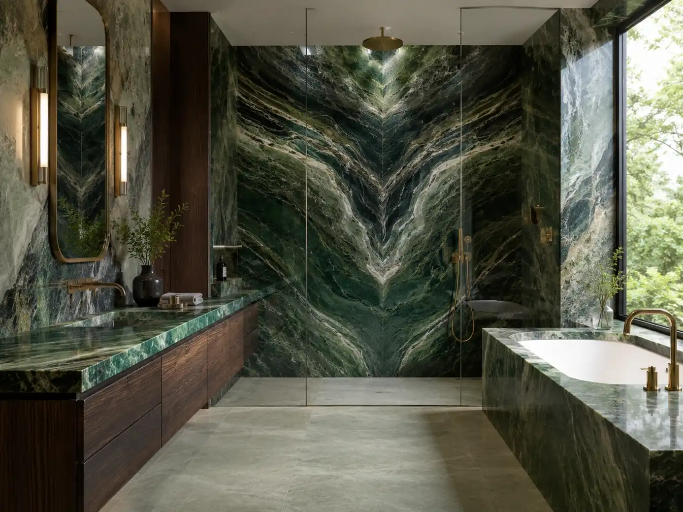 Dramatic botanical architectural slab on a shower wall, vanity and bathtub surround with emerald and sage green ribbons.