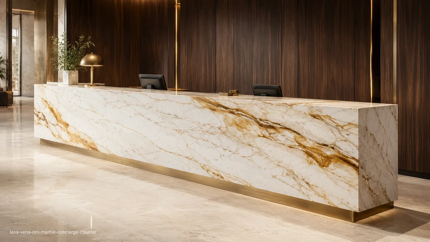 Lasa Vena Oro Marble concierge counter with crystalline white stone and directional gold and amber veins.