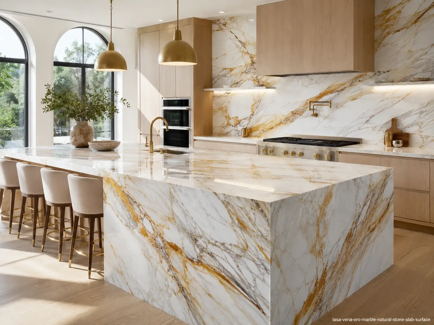 Delicate metallic mineral movement across a kitchen island, backsplash and wall panels with white, gold and amber veins.