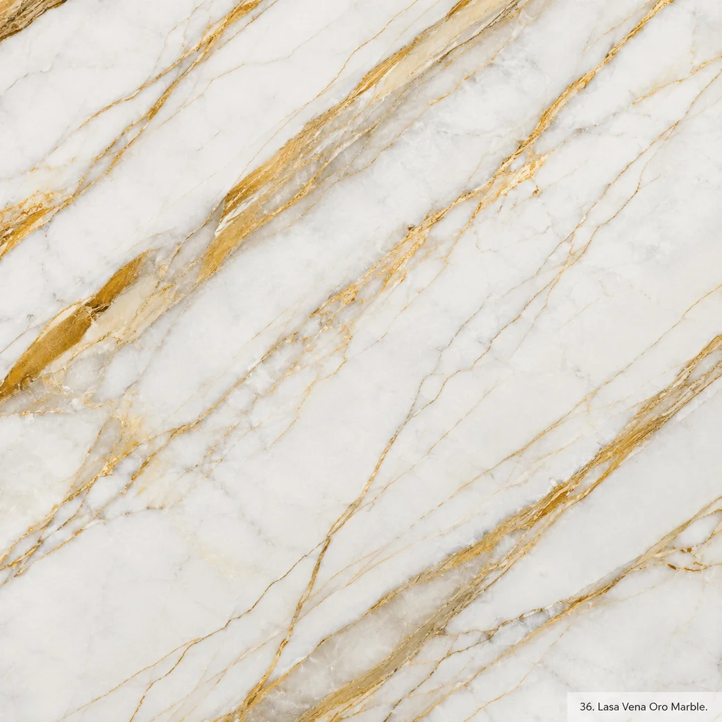 Lasa Vena Oro Marble with crystalline white gold veined stone, amber threads, ochre ribbons and luminous polished depth.