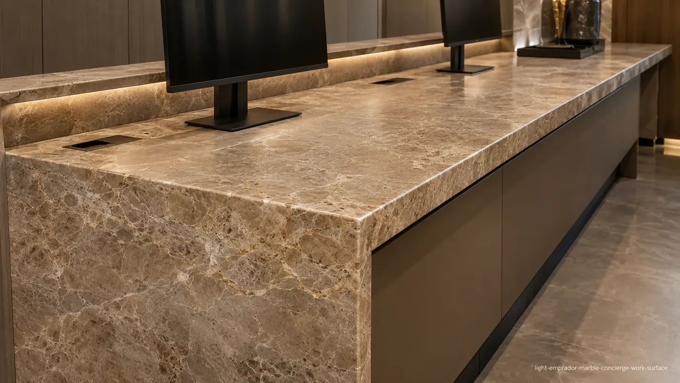 Light Emprador Marble concierge work surface with honey-beige stone and delicate cream-gold veining.