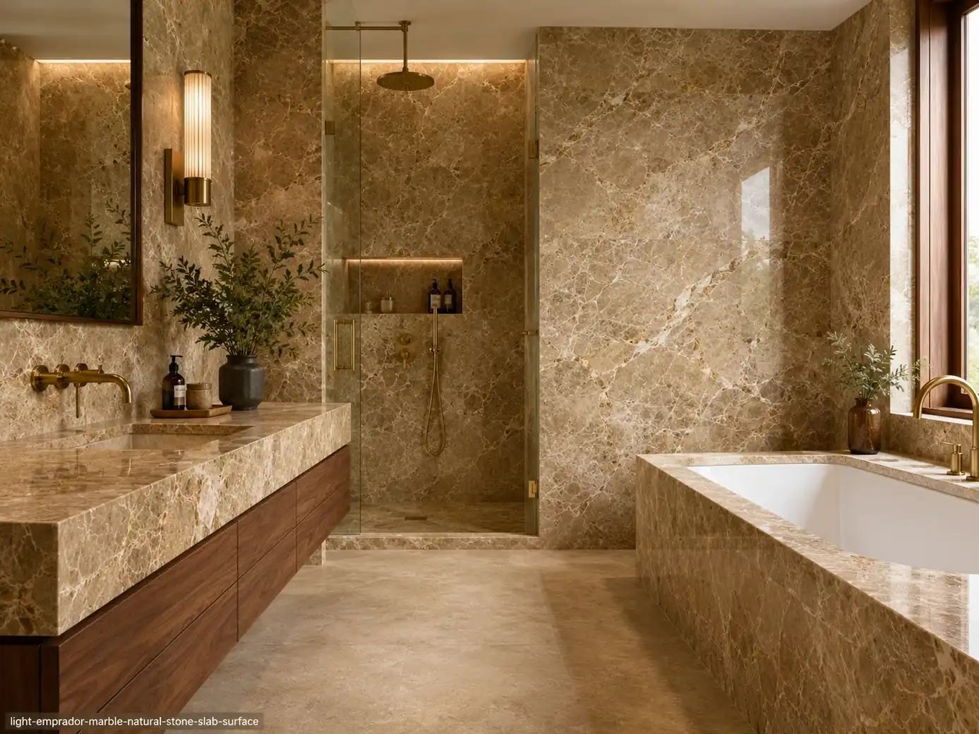 Polished neutral architectural slab across a vanity, bathtub surround, shower and flooring with honey-beige fine veining.
