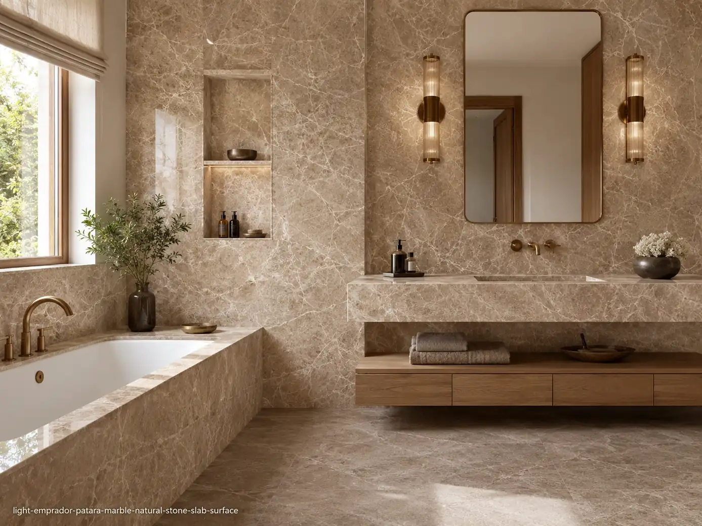 Elegant Turkish architectural slab on a vanity wall, countertop, surround and flooring with taupe and creamy spider veins.