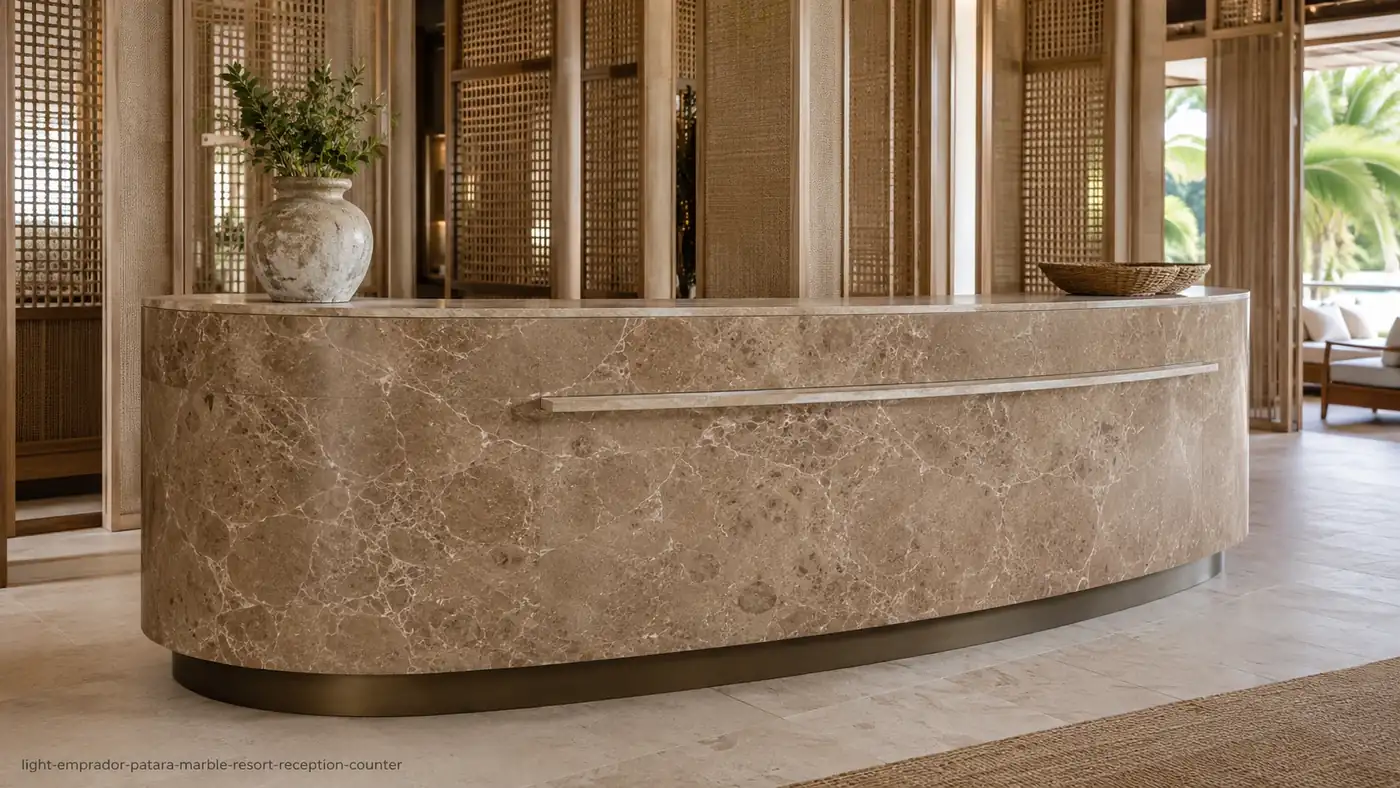 Light Emprador Patara Marble resort reception counter with hazelnut stone and fine cream spider-web veins.