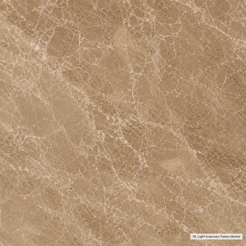 Light Emprador Patara Marble with pale taupe brown stone, ivory spider veins, hazelnut clouds and polished mineral depth.