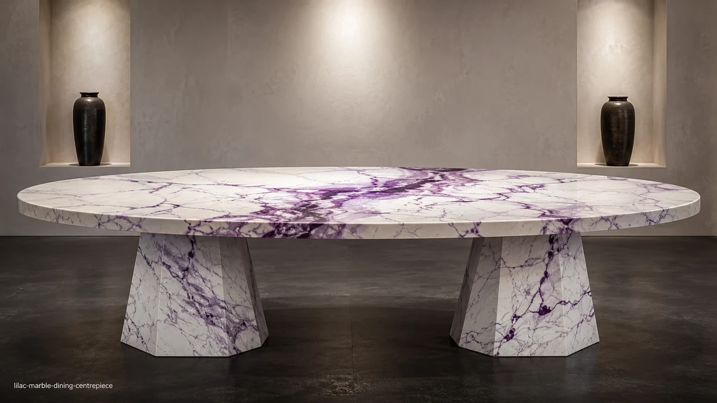 Lilac Marble dining centrepiece with bright white stone and energetic lilac, violet and plum veining.