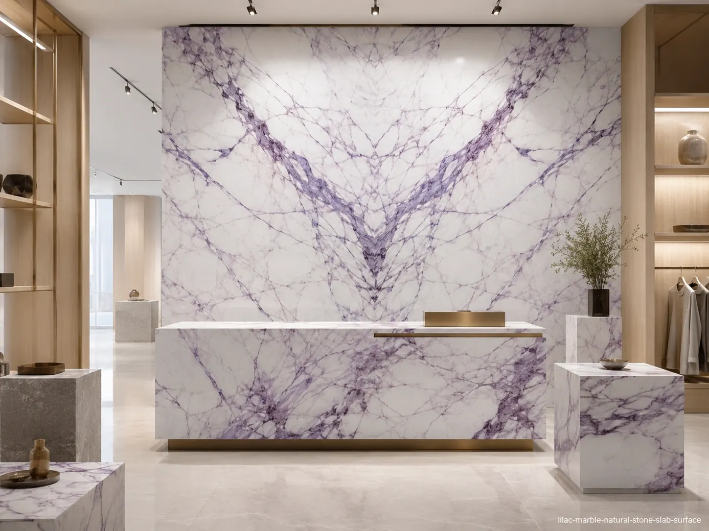 Polished high contrast architectural slab on a boutique wall, reception counter and plinths with white and violet veining.