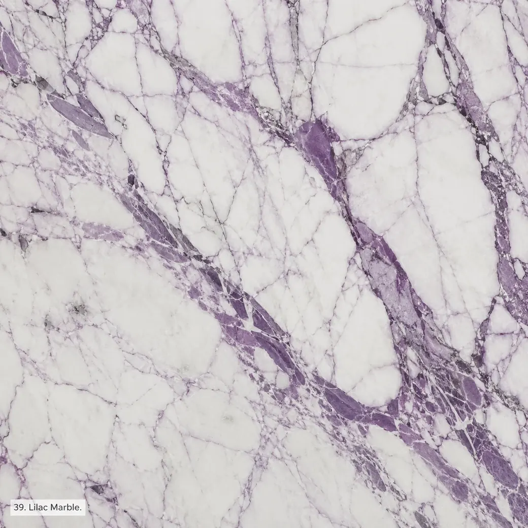 Lilac Marble with white stone with lilac veining, violet fractures, lavender threads and a luminous polished mineral finish.
