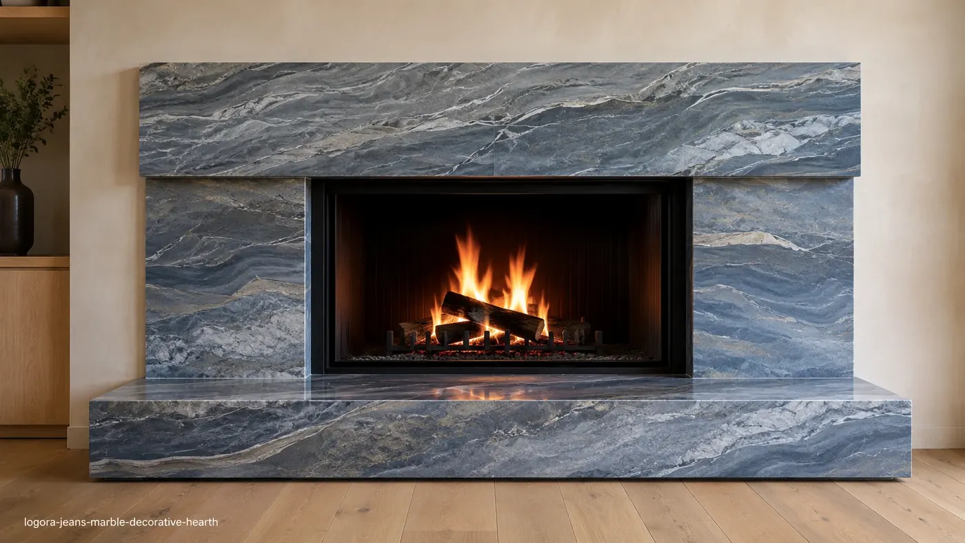 Logora Jeans Marble decorative hearth with blue-grey stone, faded bands and crisp white mineral lines.