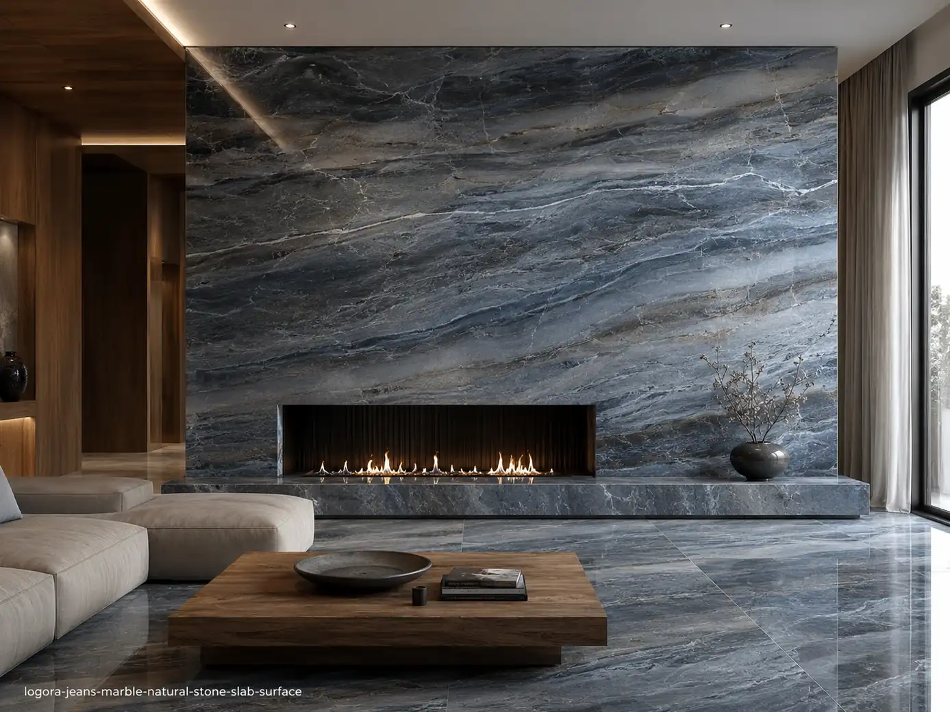 Cool linear architectural slab on a lounge fireplace wall, console and floor panels with washed blue-grey and silver bands.