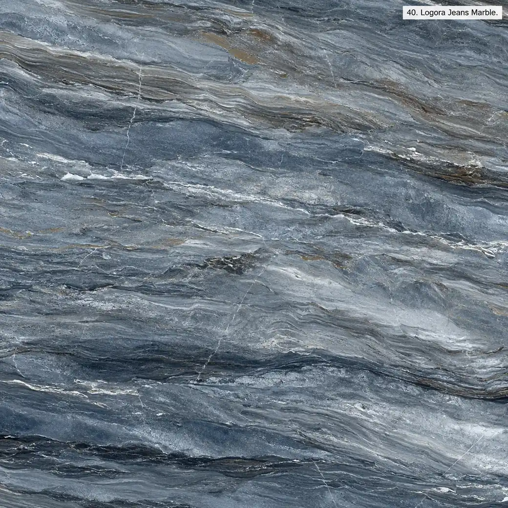 Logora Jeans Marble with washed blue grey stone, denim bands, silver streaks, bronze undertones and polished layered depth.
