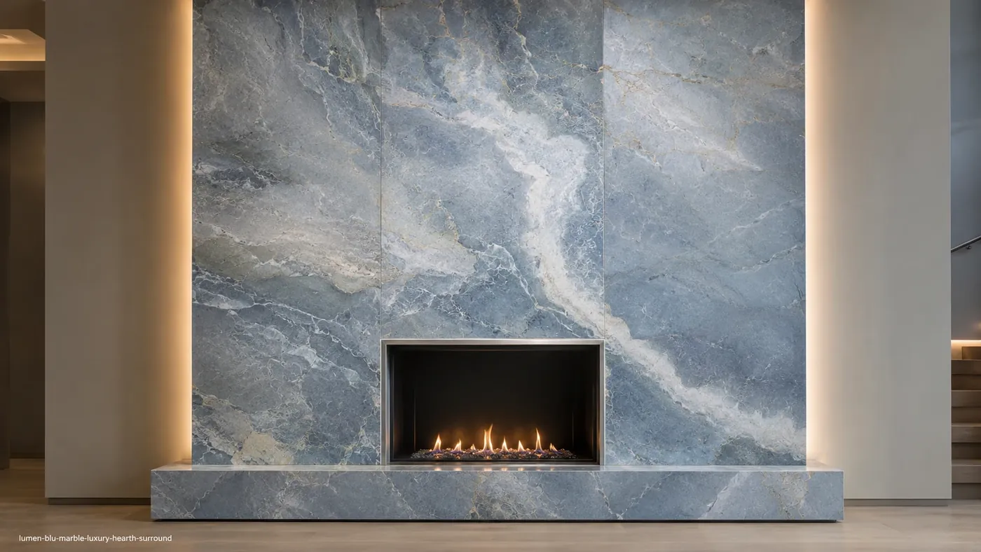 Lumen Blu Marble luxury hearth surround with sky-blue stone, cloudy white currents and steel-blue waves.