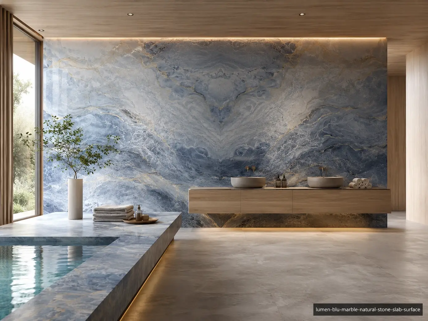 Dramatic sapphire architectural slab on an illuminated spa wall, vanity and poolside counter with layered blue currents.