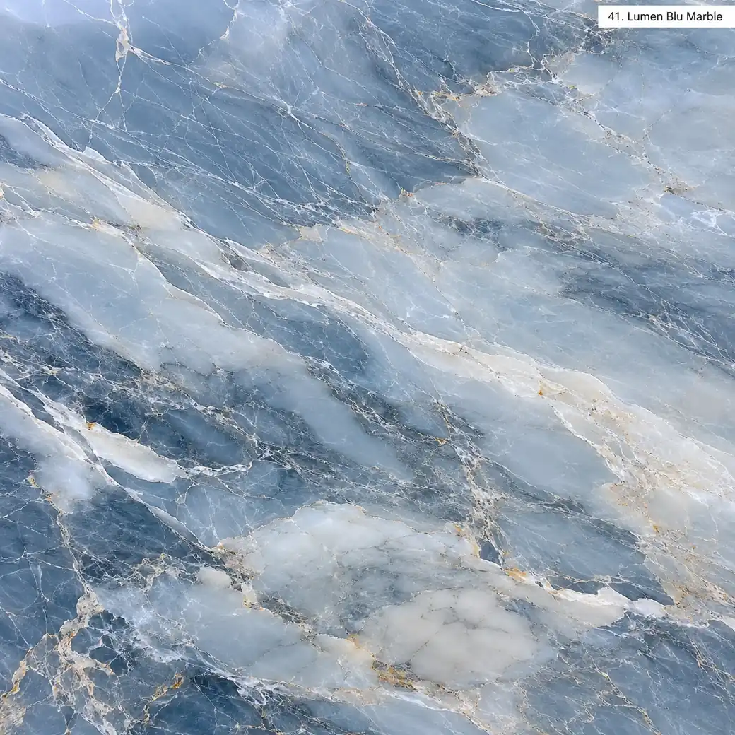 Lumen Blu Marble with luminous deep blue stone, pale currents, steel-blue clouds, beige accents and polished mineral depth.