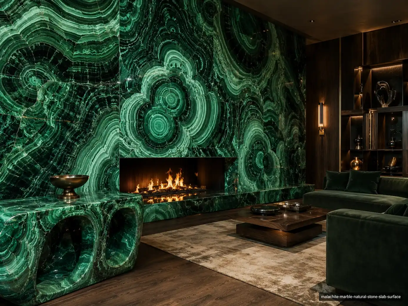 Polished jewel toned architectural slab on a lounge wall, fireplace and console with mint, jade and emerald ring patterns.